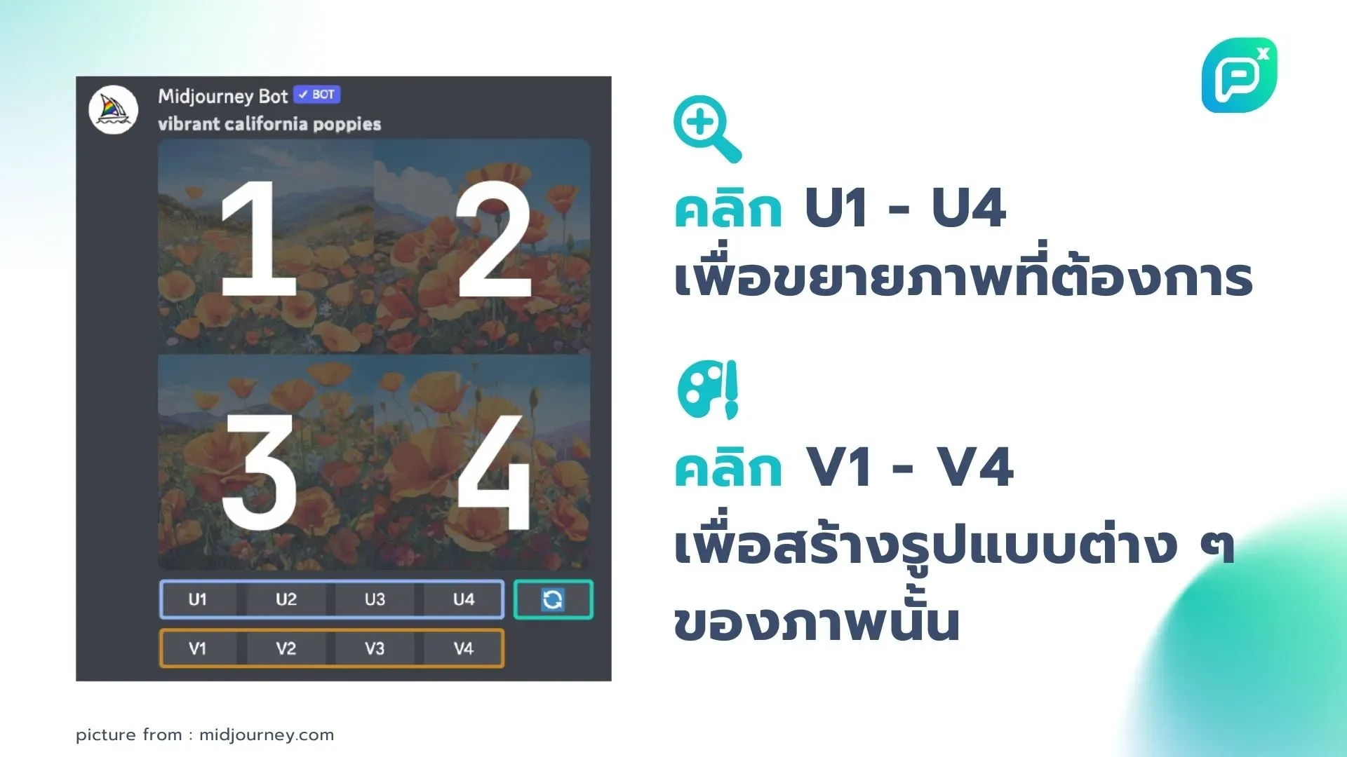 คลิก U1 - U4 เพื่อขยายภาพที่ต้องการ หรือคลิก V1 - V4 เพื่อสร้างรูปแบบต่าง ๆ ของภาพนั้นบน Midjourney Bot ใน Discord