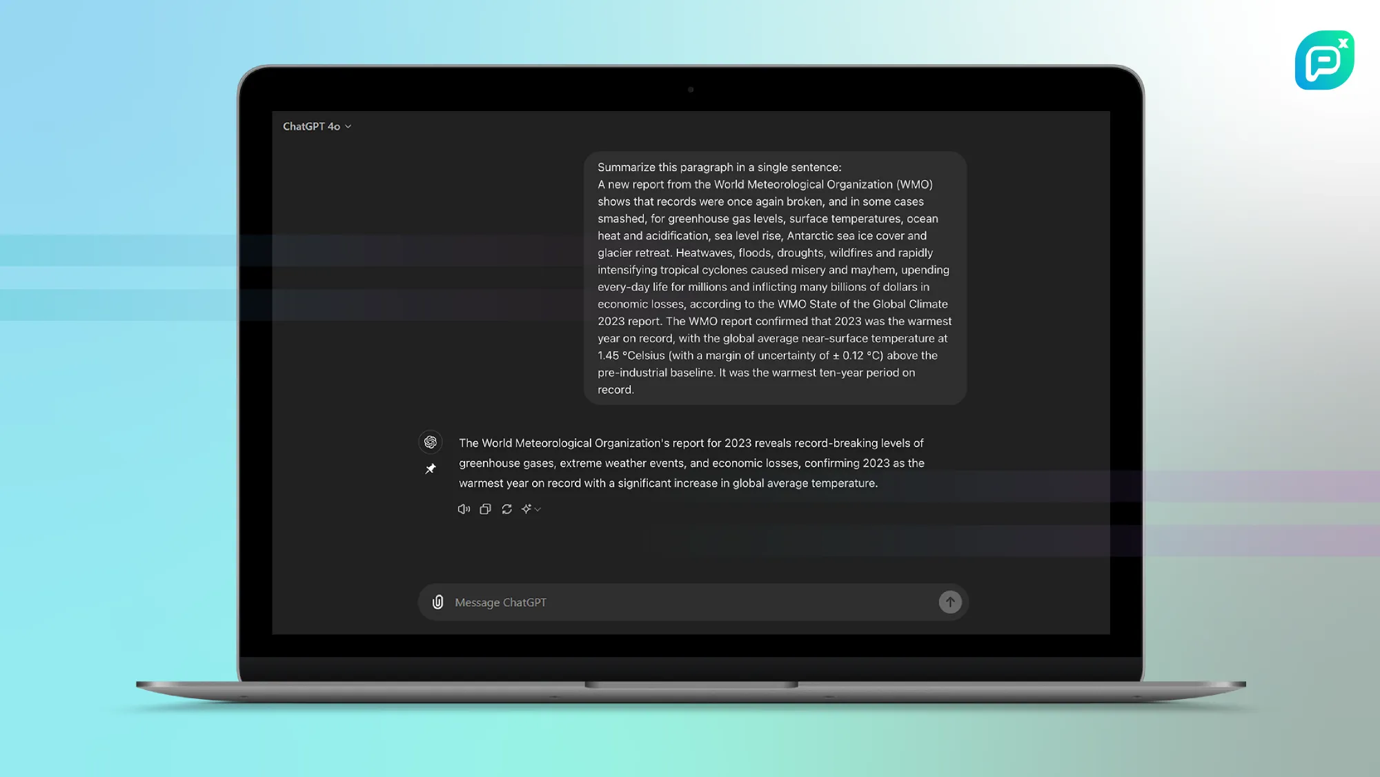 หน้าจอแล็ปท็อปแสดงการสนทนากับ ChatGPT ซึ่งสรุปรายงานขององค์การอุตุนิยมวิทยาโลกเกี่ยวกับอุณหภูมิและเหตุการณ์สภาพอากาศที่รุนแรงในปี 2023
