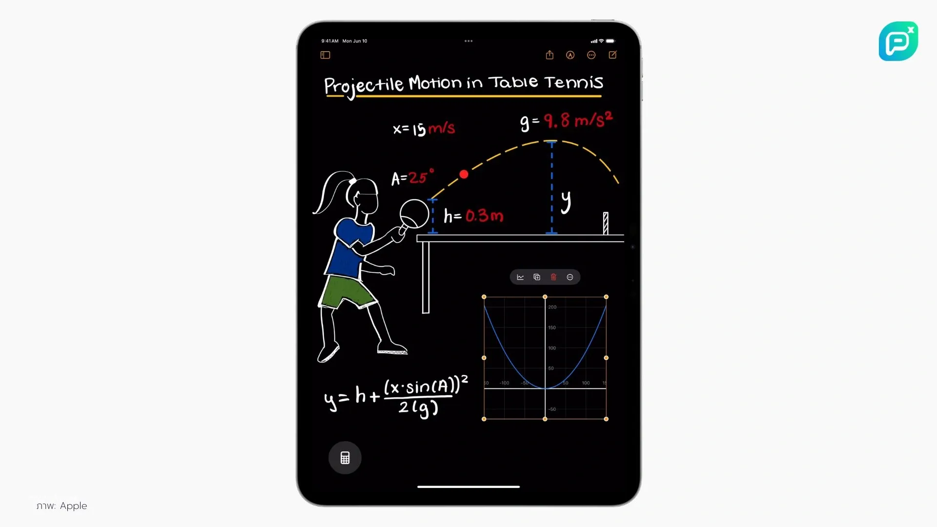 หน้าจอ iPad แสดงแอพจดบันทึก มีภาพวาดนักกีฬาปิงปองพร้อมกราฟและสูตรคำนวณการเคลื่อนที่ของวัตถุในวิชาฟิสิกส์
