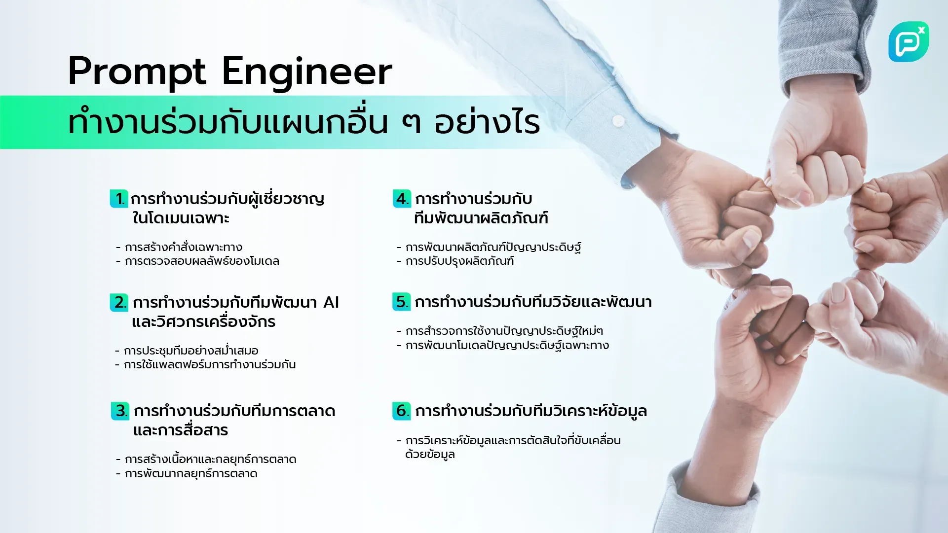 การทำงานร่วมกันของ Prompt Engineer กับทีมต่าง ๆ เช่น ทีมผู้เชี่ยวชาญ ทีมพัฒนา AI ทีมการตลาด ทีมผลิตภัณฑ์ ทีมวิจัย ทีมวิเคราะห์ข้อมูล เพื่อพัฒนาผลิตภัณฑ์และแก้ไขปัญหาต่าง ๆ อย่างมีประสิทธิภาพ