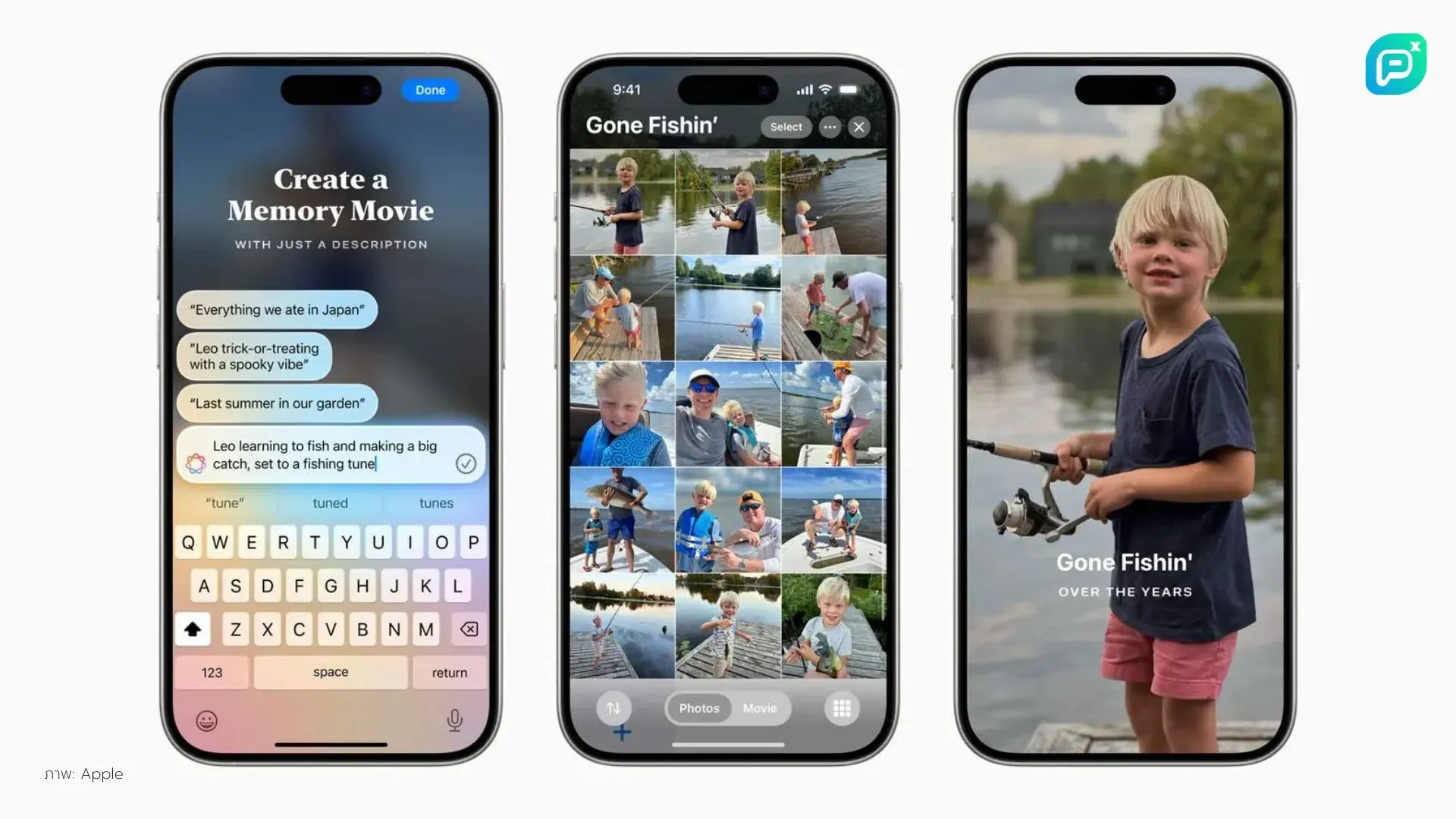 หน้าจอ iPhone แสดงการสร้างวิดีโอความทรงจำอัตโนมัติจากข้อความที่พิมพ์ เช่น "Leo learning to fish" พร้อมเลือกภาพที่เกี่ยวข้องและวิดีโอที่สร้างเสร็จแล้ว