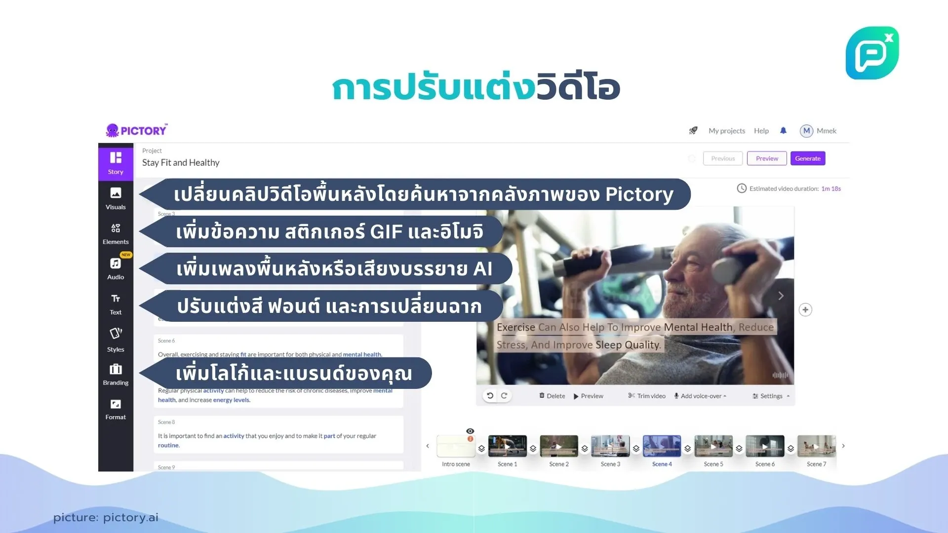 การปรับแต่งวิดีโอใน Pictory: เปลี่ยนคลิปพื้นหลัง เพิ่มข้อความ สติกเกอร์ GIF เพลงพื้นหลัง เสียงบรรยาย AI ปรับแต่งสี ฟอนต์ โลโก้ และแบรนด์ของคุณ.