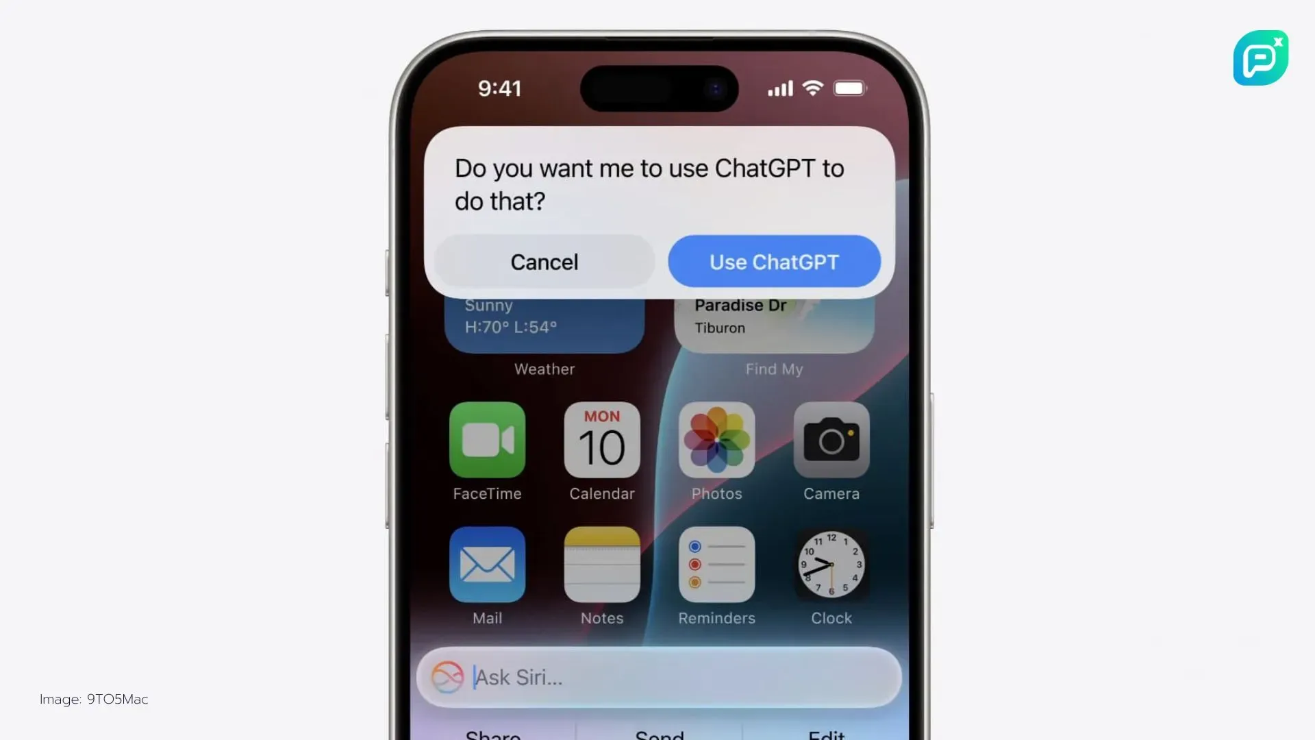 ภาพหน้าจอไอโฟนแสดงข้อความว่า "Do you want me to use ChatGPT to do that?" พร้อมตัวเลือก "Cancel" และ "Use ChatGPT" เพื่อใช้ฟีเจอร์ใหม่ในการสั่งงานด้วย ChatGPT บน iOS 18