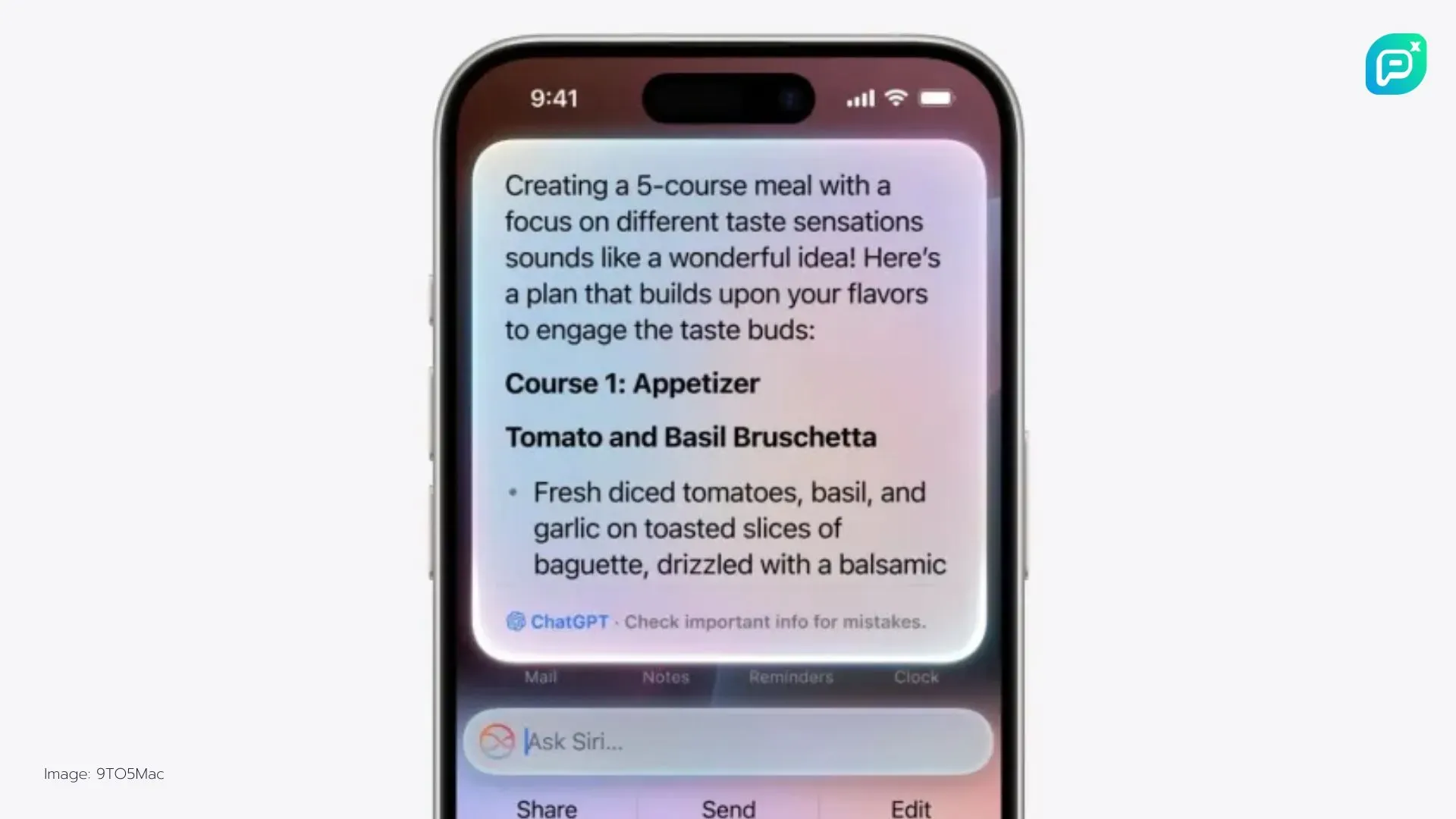 หน้าจอไอโฟนแสดงข้อความจาก ChatGPT เกี่ยวกับการสร้างเมนูอาหาร 5 คอร์ส โดยเริ่มด้วยคอร์สที่ 1 อาหารเรียกน้ำย่อย Tomato and Basil Bruschetta พร้อมรายละเอียดส่วนผสม