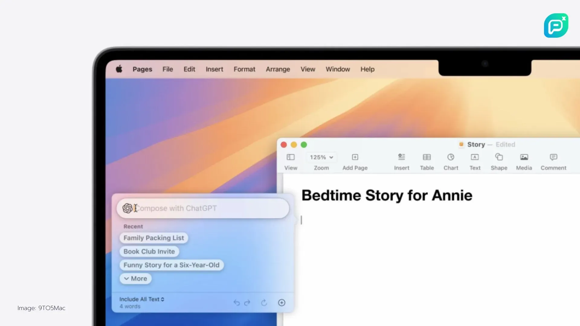 หน้าจอคอมพิวเตอร์ Mac แสดงหน้าต่าง Pages เขียนเรื่อง "Bedtime Story for Annie" พร้อมคำแนะนำใช้ ChatGPT ในการแต่งเรื่อง มีรายการล่าสุดเช่น Family Packing List และ Book Club Invite