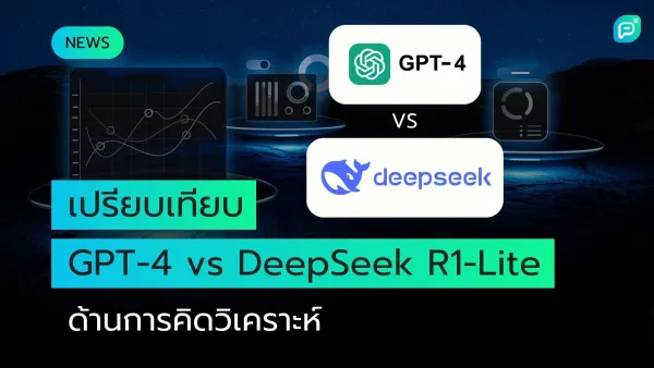 เปรียบเทียบ GPT-4 กับ DeepSeek R1-Lite ในด้านการคิดวิเคราะห์ แสดงโลโก้และกราฟประกอบในพื้นหลังสีน้ำเงินเข้ม